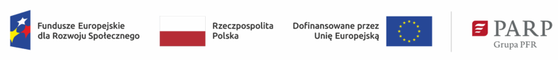 Opis alternatywny: Grafika przedstawia zestaw logotypów instytucji zaangażowanych w finansowanie projektów z Funduszy Europejskich. Od lewej widoczny jest znak „Fundusze Europejskie dla Rozwoju Społecznego”, następnie flaga Polski z napisem „Rzeczpospolita Polska”, dalej napis „Dofinansowane przez Unię Europejską” obok flagi Unii Europejskiej, a po prawej stronie logo „PARP Grupa PFR”.